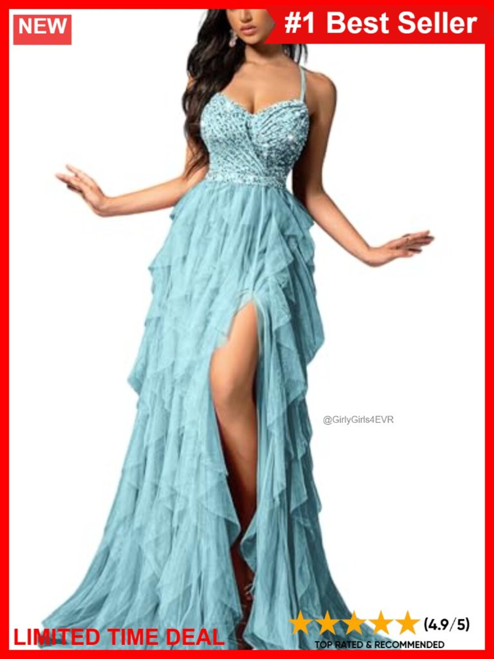 A-Line Sequin Formal Evening Gown High Slit Lace-Up Prom Dress